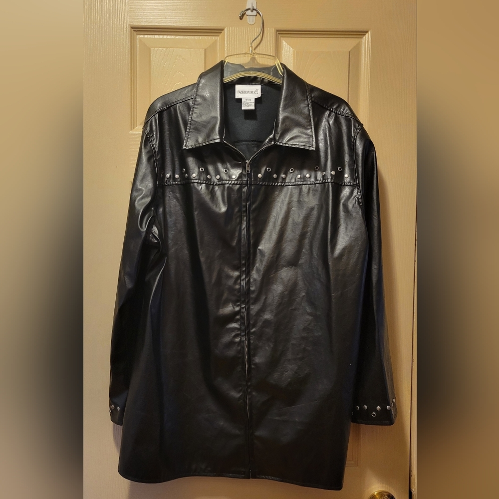 Fashion Bug Black Pleather Zip-Up Jacket With Silver Hardware - Size 18/20